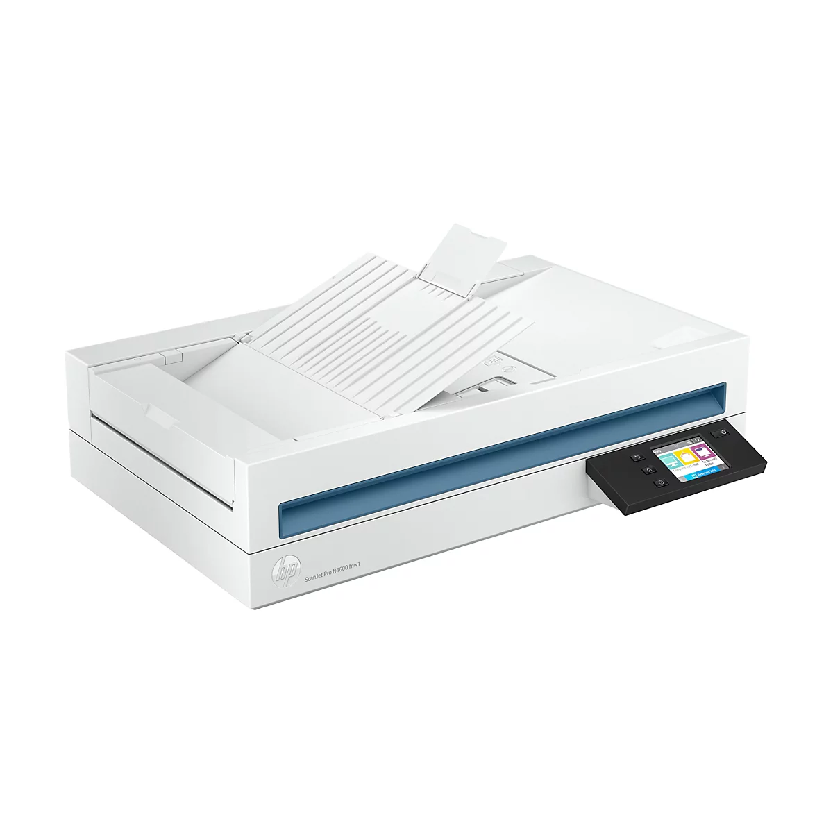 Ein weißer Scanner mit geöffnetem Deckel, blauem Streifen und schwarzem Bedienfeld. Auf dem Display sind Optionen wie E-Mail und Ordner zu sehen.