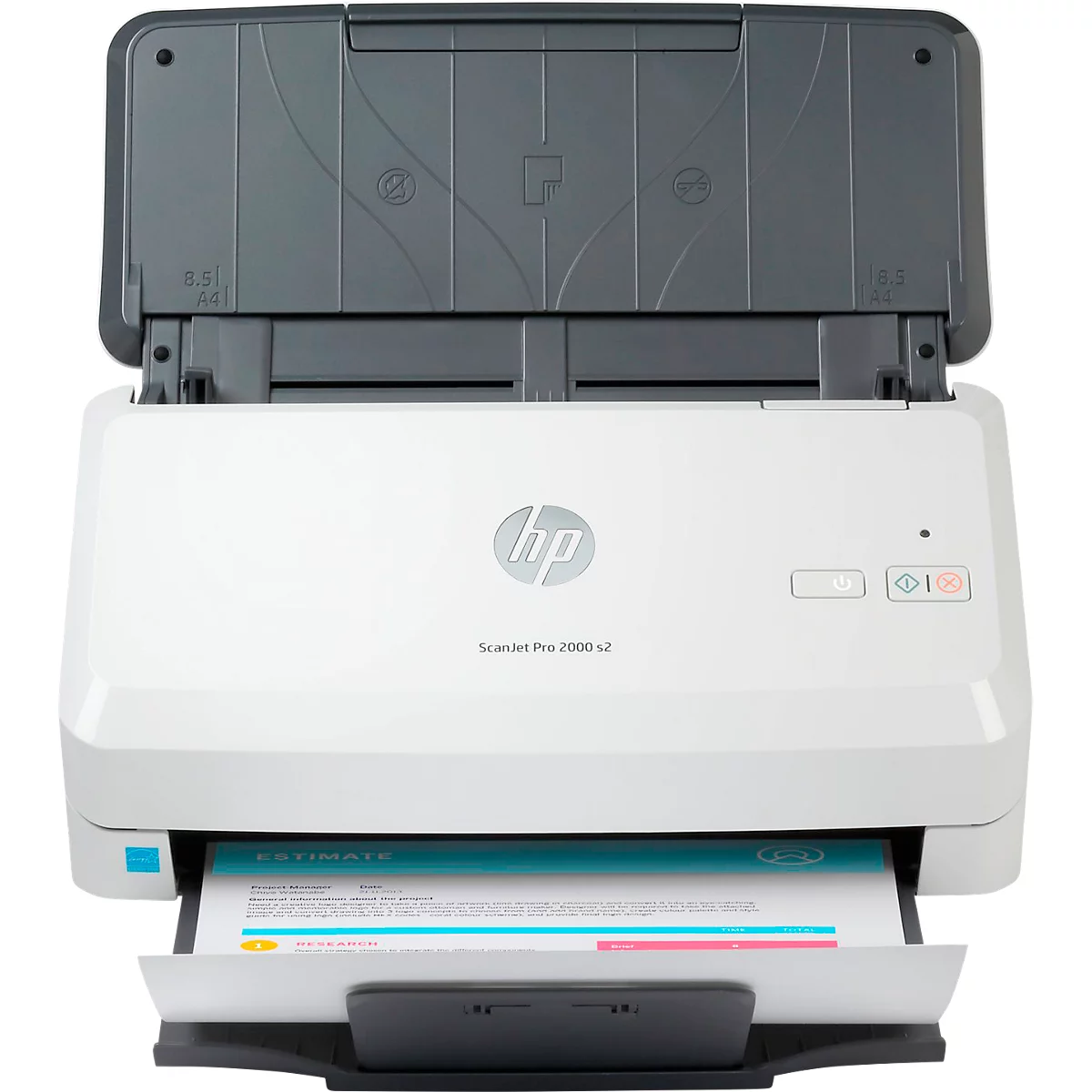 Scanner HP blanc avec couvercle ouvert, une feuille se trouve dans le bac d'alimentation.