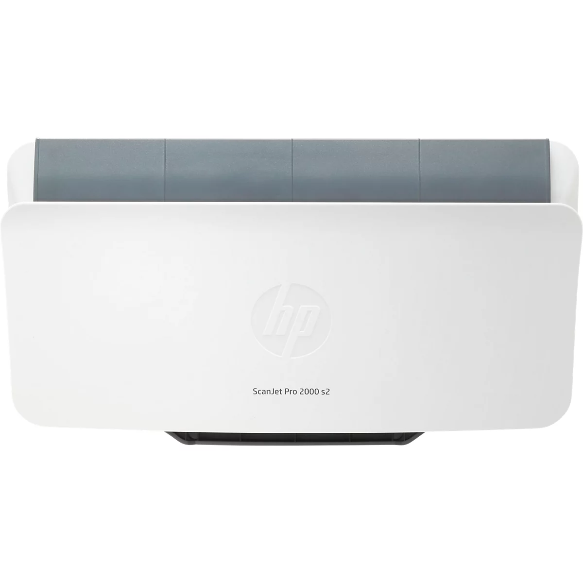 Vue de dessus d'un scanner HP blanc avec un couvercle gris et le logo HP. Étiquette : Scanjet Pro 2000 s2.