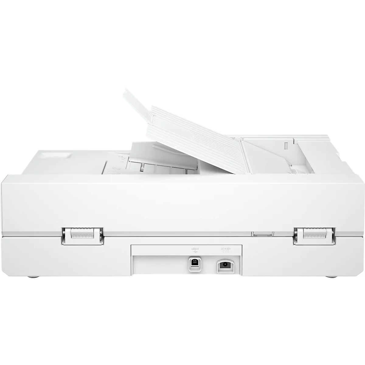 Scanner blanc avec couvercle ouvert, vue arrière. Il y a des ports en bas.