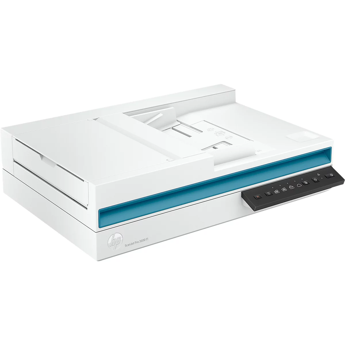 Scanner HP blanc avec une bande bleue. Boutons de commande noirs sur le côté.