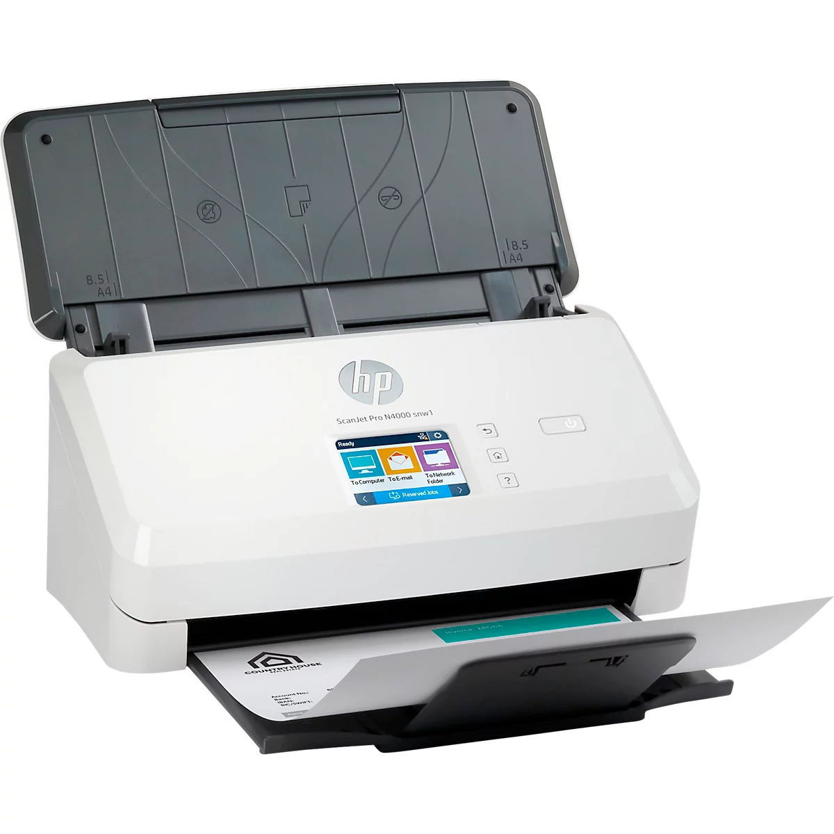 Scanner HP blanc avec couvercle ouvert et papier inséré. Écran couleur et logo HP visibles.