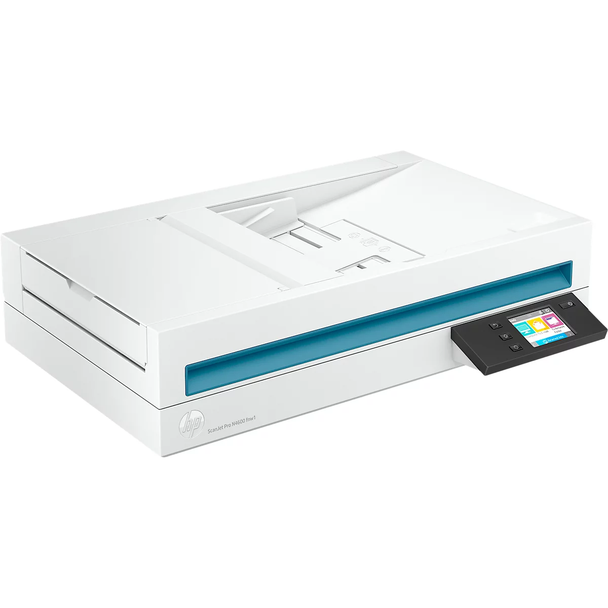 Scanner blanc avec accent bleu, panneau de commande noir, écran et logo HP.