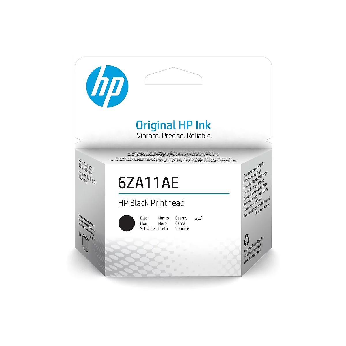 Eine Produktverpackung der Marke HP. Auf der Verpackung steht 'Original HP Ink' und 'HP Black Printhead'.