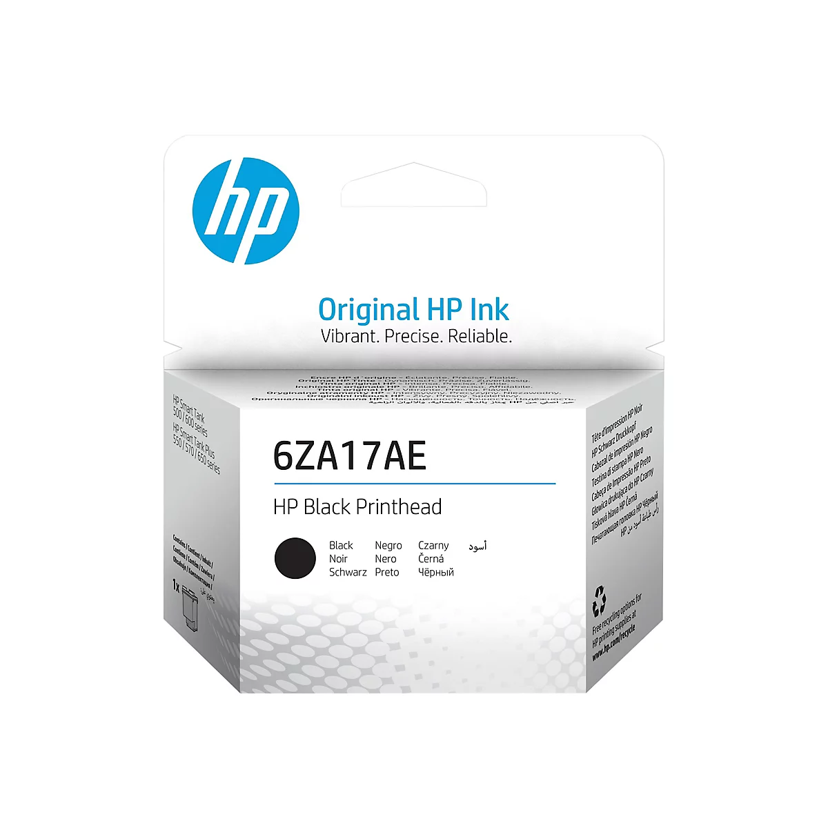 Eine HP Black Printhead Tintenpatrone, weißer Hintergrund. Auf der Packung stehen die Schriftzüge "Original HP Ink. Vibrant. Precise. Reliable.", sowie die Bezeichnung "6ZA17AE".