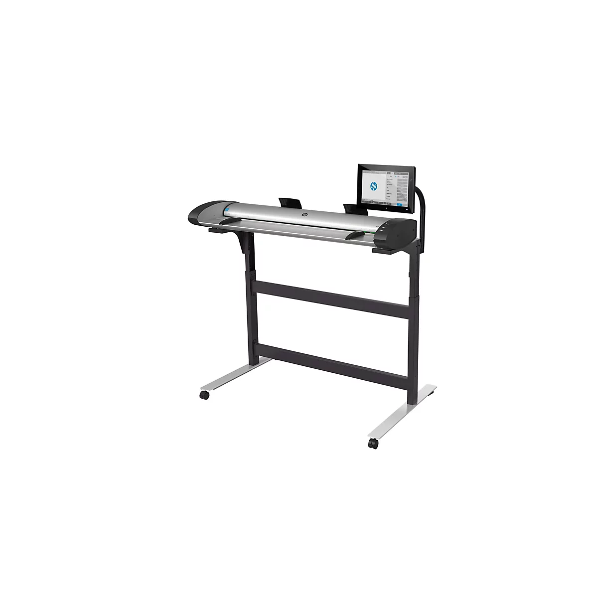 Ein grauer Großformatscanner der Marke HP. Auf einem schwarzen Gestell mit Rädern, mit einem Bildschirm.