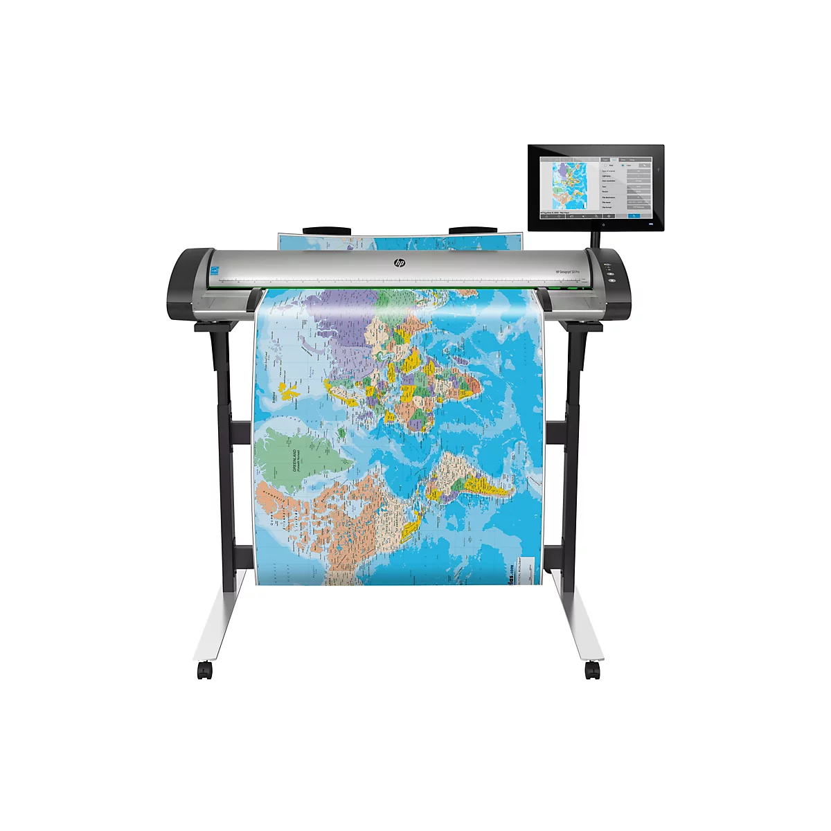 Ein grossformatiger HP Designjet SD Pro Drucker, zeigt eine Weltkarte, auf Rollen montiert, mit Monitor.