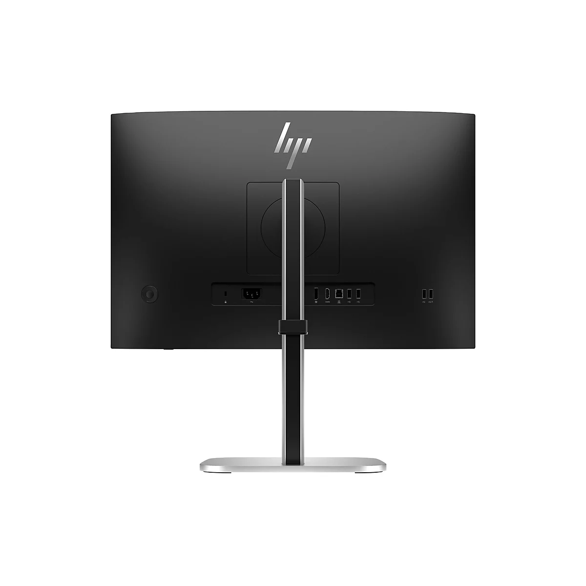 Rückseite eines schwarzen HP Monitors. Sichtbar sind Anschlüsse und der Standfuß.