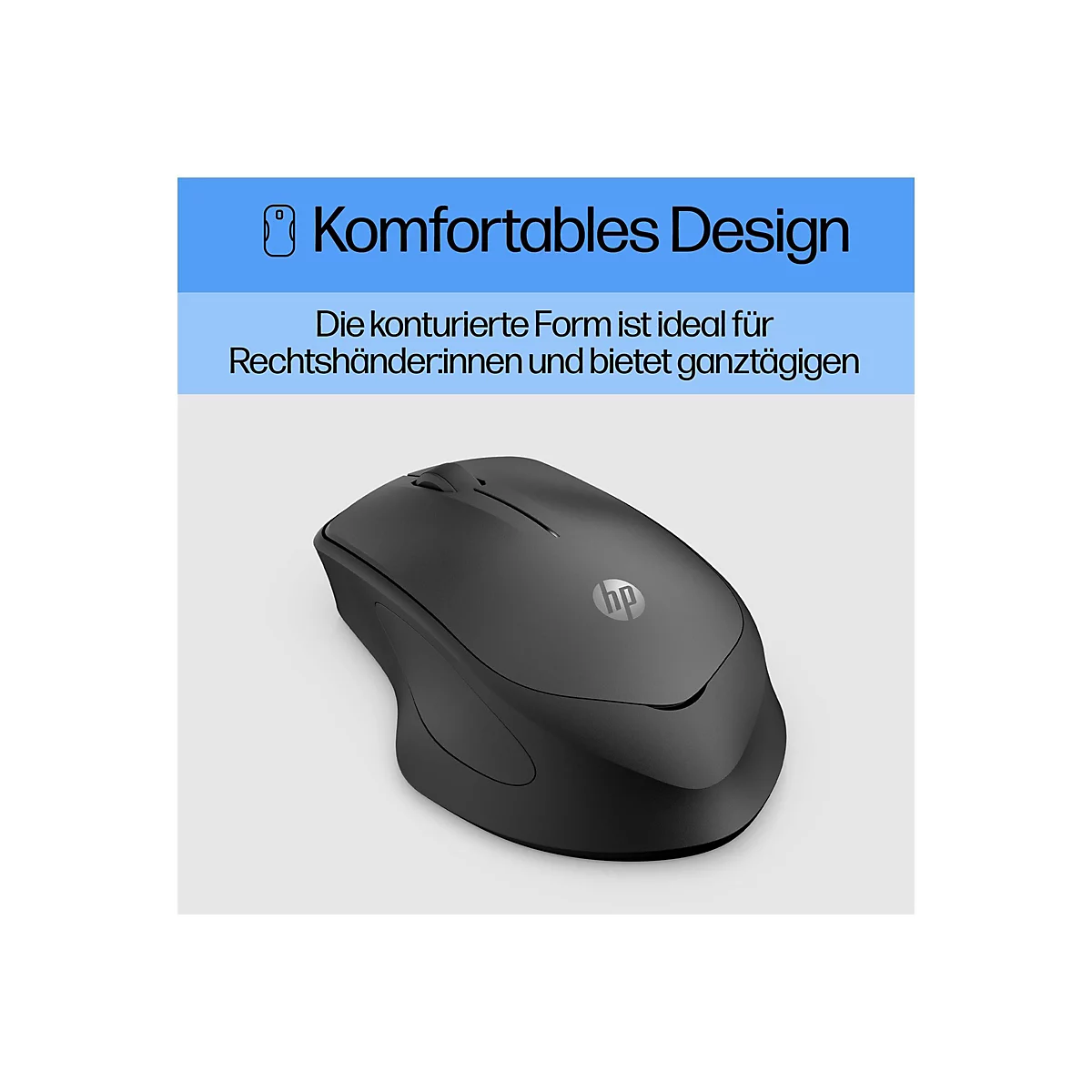 Schwarze HP-Maus auf weißem Grund. Oben Text: Komfortables Design. Die Form ist ideal für Rechtshänder.innen.