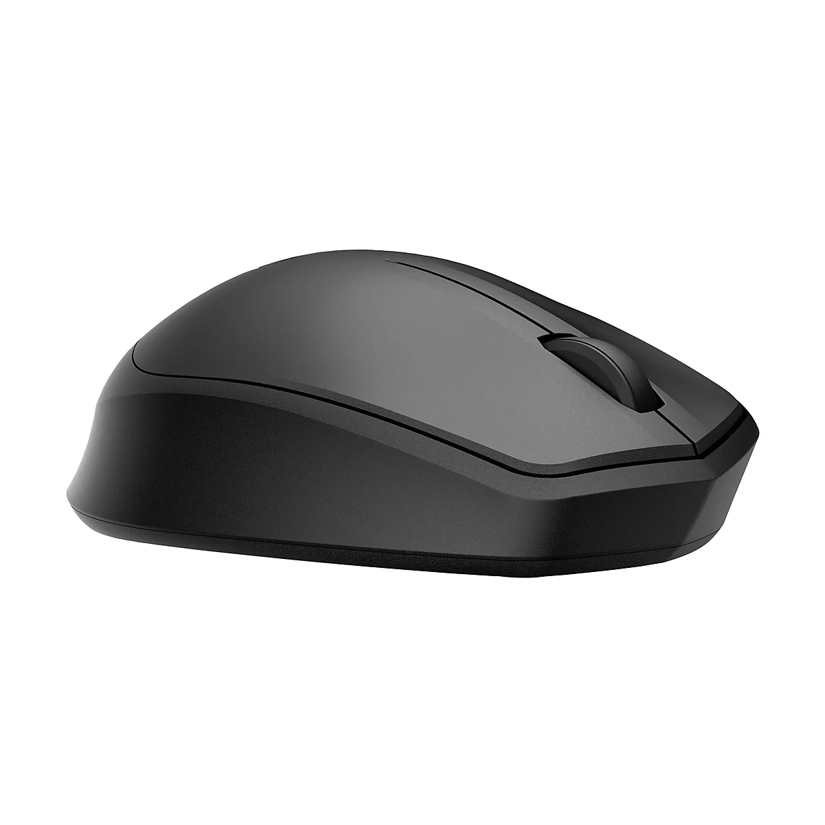 Schwarze Computermaus, leicht schräg von oben fotografiert. Die Maus hat ein Scrollrad und zwei Maustasten. Der Hintergrund ist weiss.