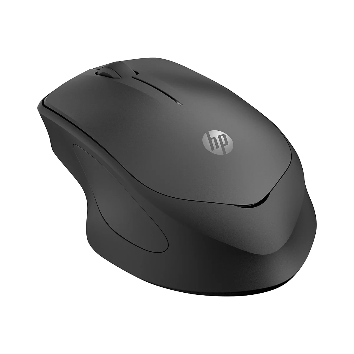 Schwarze HP-Computermaus, Ansicht von oben, mit Logo.
