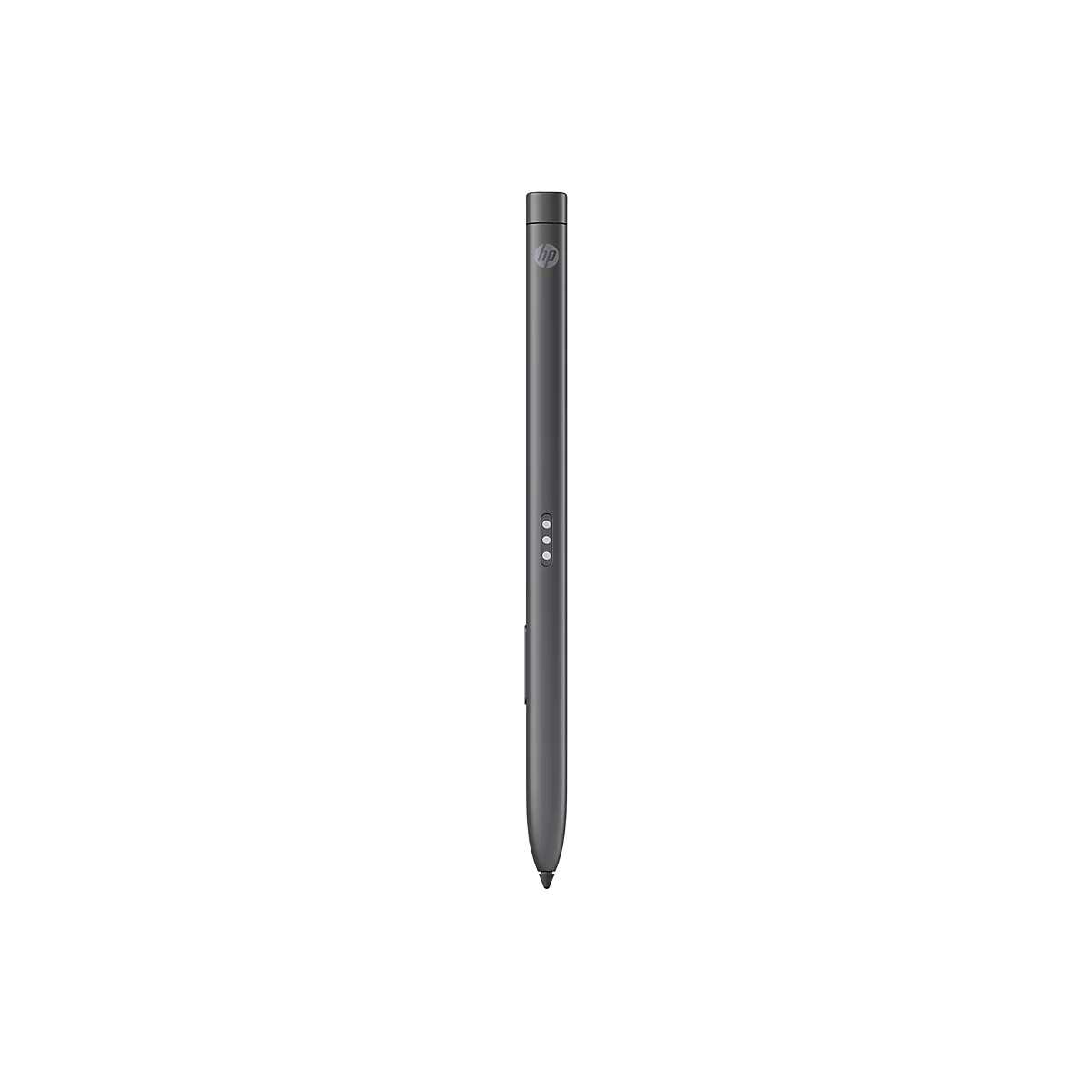 Ein grauer HP-Stift vor weißem Hintergrund. Der Stift hat das HP-Logo, drei Knöpfe und eine schwarze Spitze.