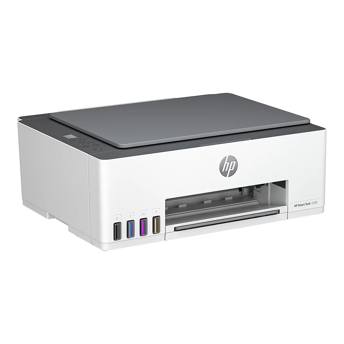 Ein weiß-grauer HP Smart Tank 5105 Drucker. Oben eine graue Abdeckung, vorne farbige Tintenpatronen. Rechts Logo und Modell.