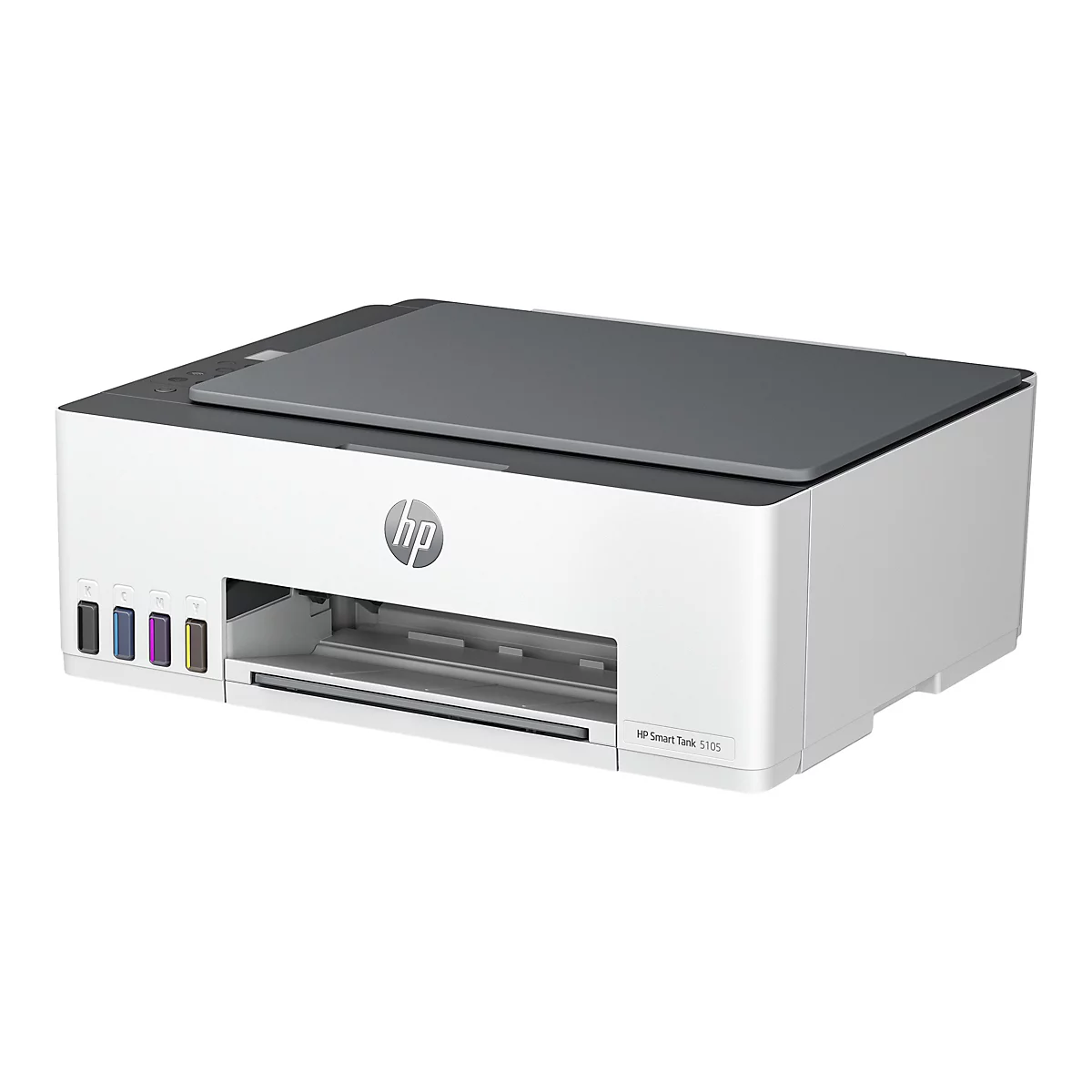 Ein weiß-grauer HP Smart Tank 5105 Drucker, auf weißem Grund. Auf der Vorderseite sind farbige Tintenpatronen zu sehen. Oben links befinden sich einige Bedienknöpfe. Auf der Vorderseite steht „HP Smart Tank 5105".