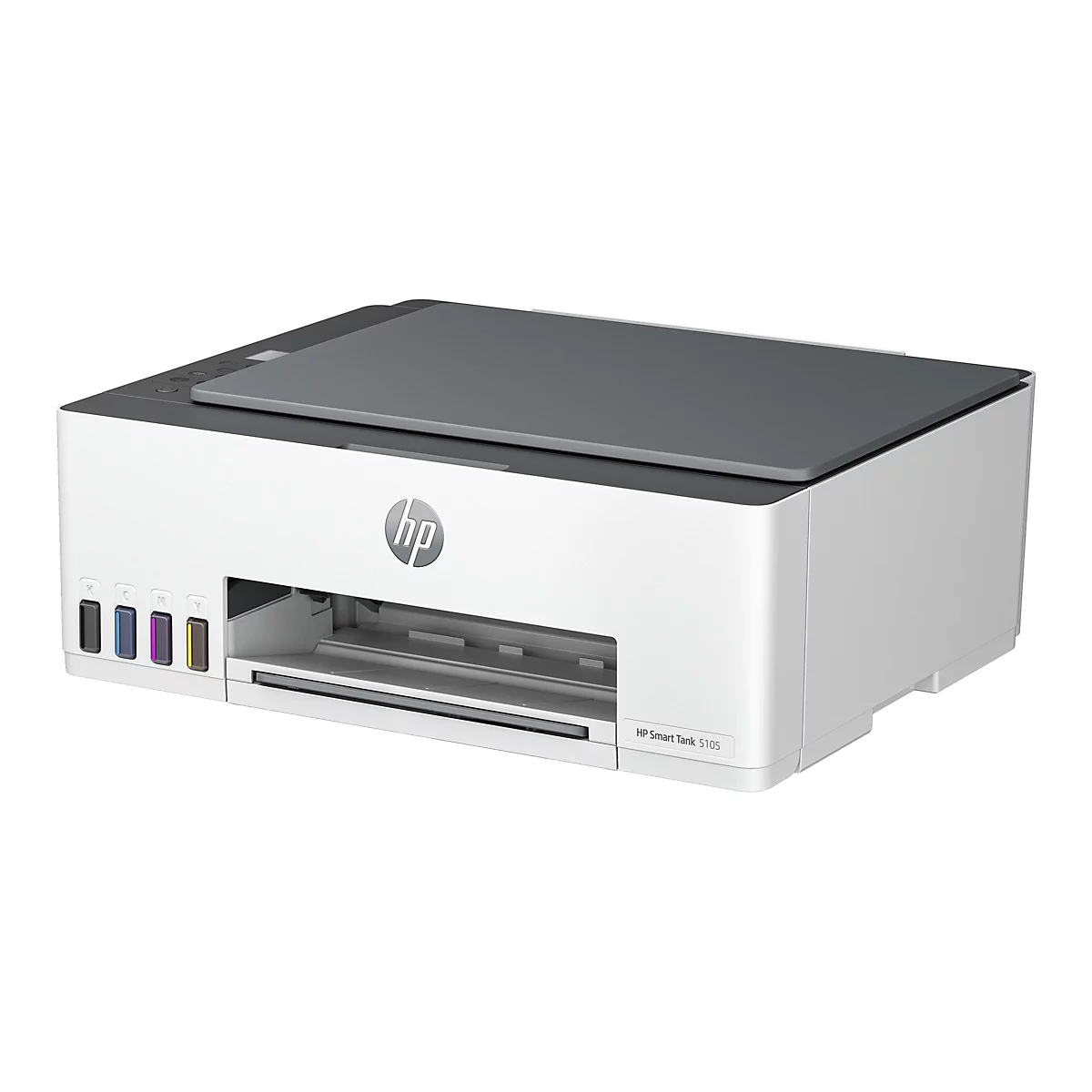 Ein weißer HP Smart Tank 5105 Drucker mit grauem Deckel und Farbtankstellen.