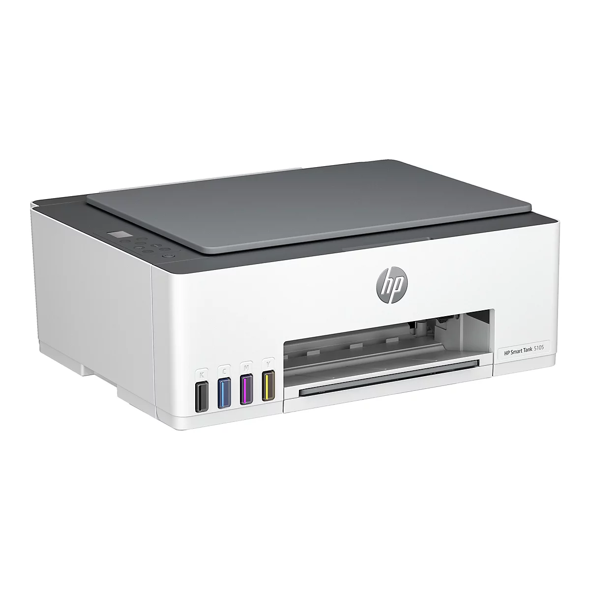 HP Smart Tank 5105 Drucker in Weiß mit grauem Deckel, Tintenbehälter, HP Logo.