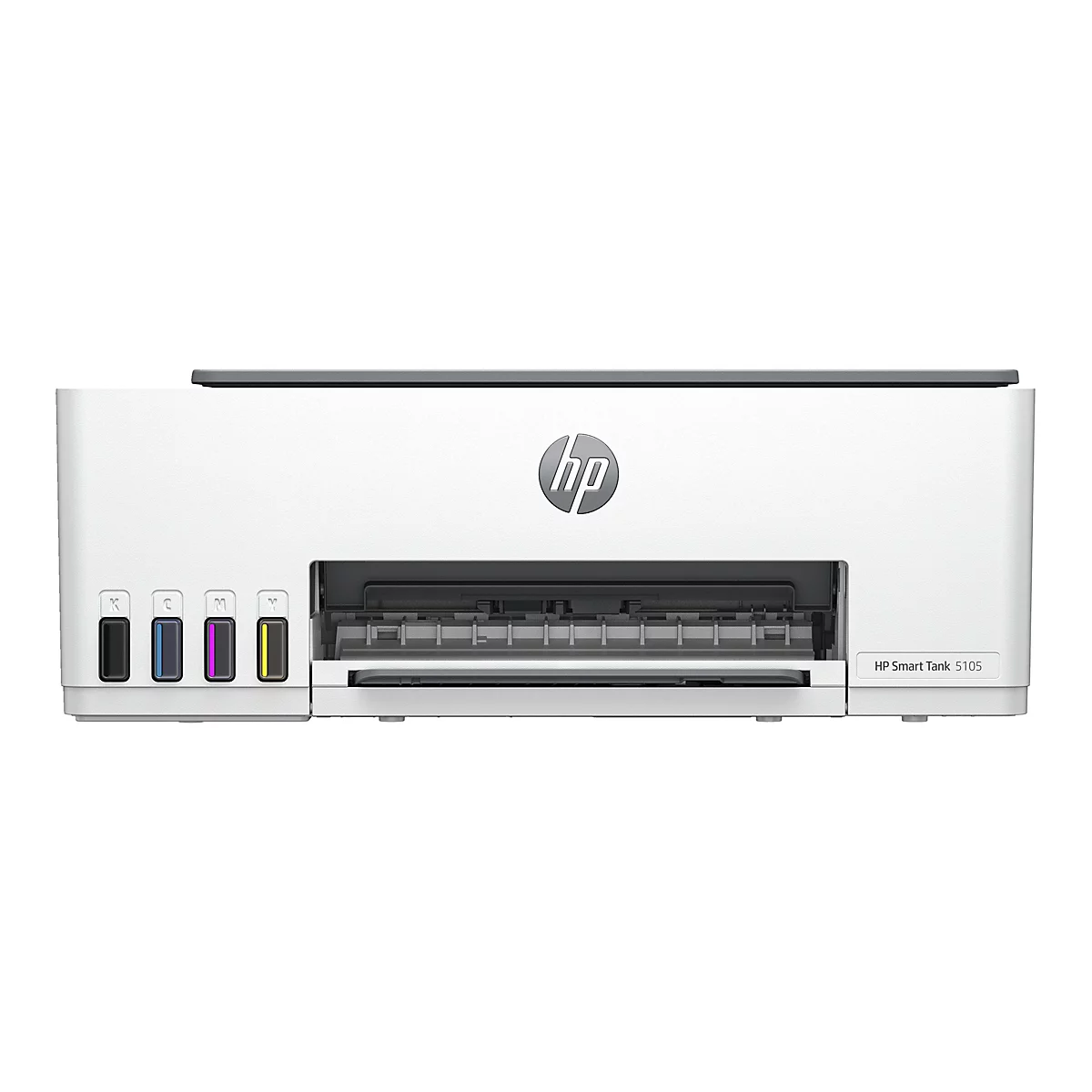 Ein weißer HP Smart Tank 5105 Drucker, Frontansicht. Oben, ein grauer Deckel, unten Patronen mit farbiger Tinte.