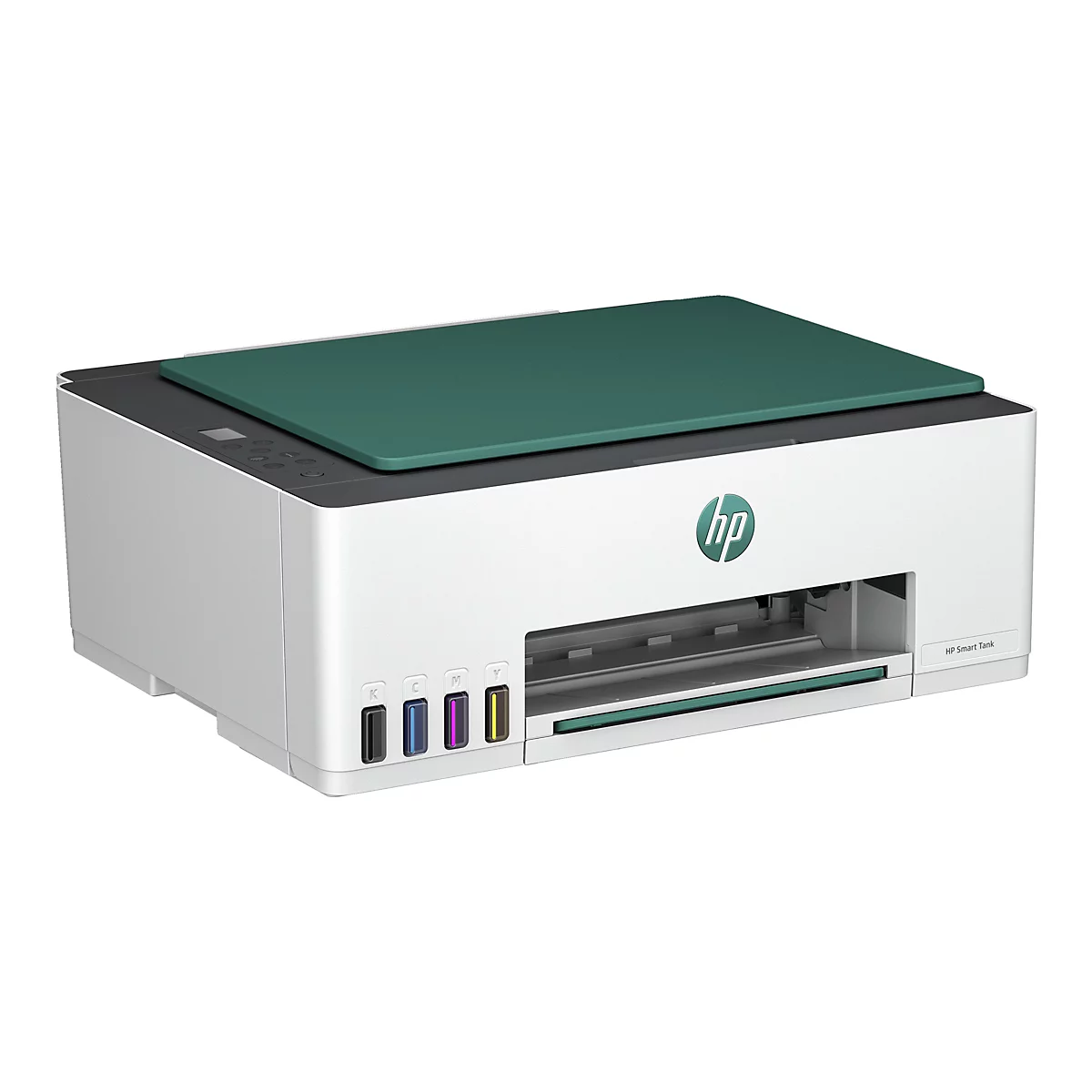 Weißer HP Smart Tank Drucker mit grünem Deckel und integrierten Tintentanks vorne.