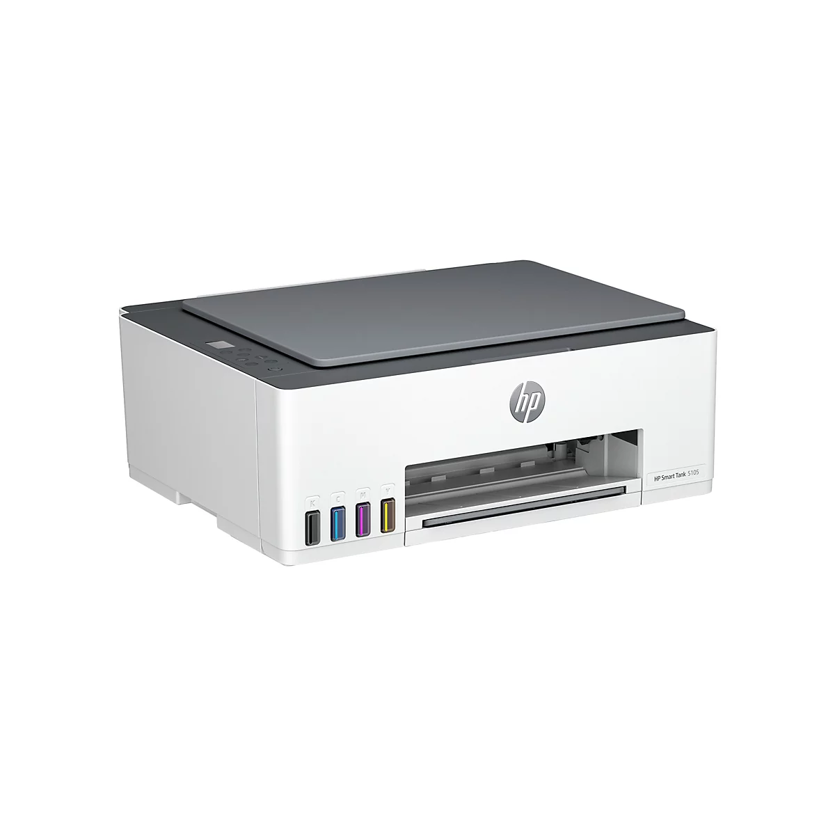 Ein weißer HP Smart Tank 5105 Drucker mit grauem Deckel, Tintenbehältern und HP Logo.