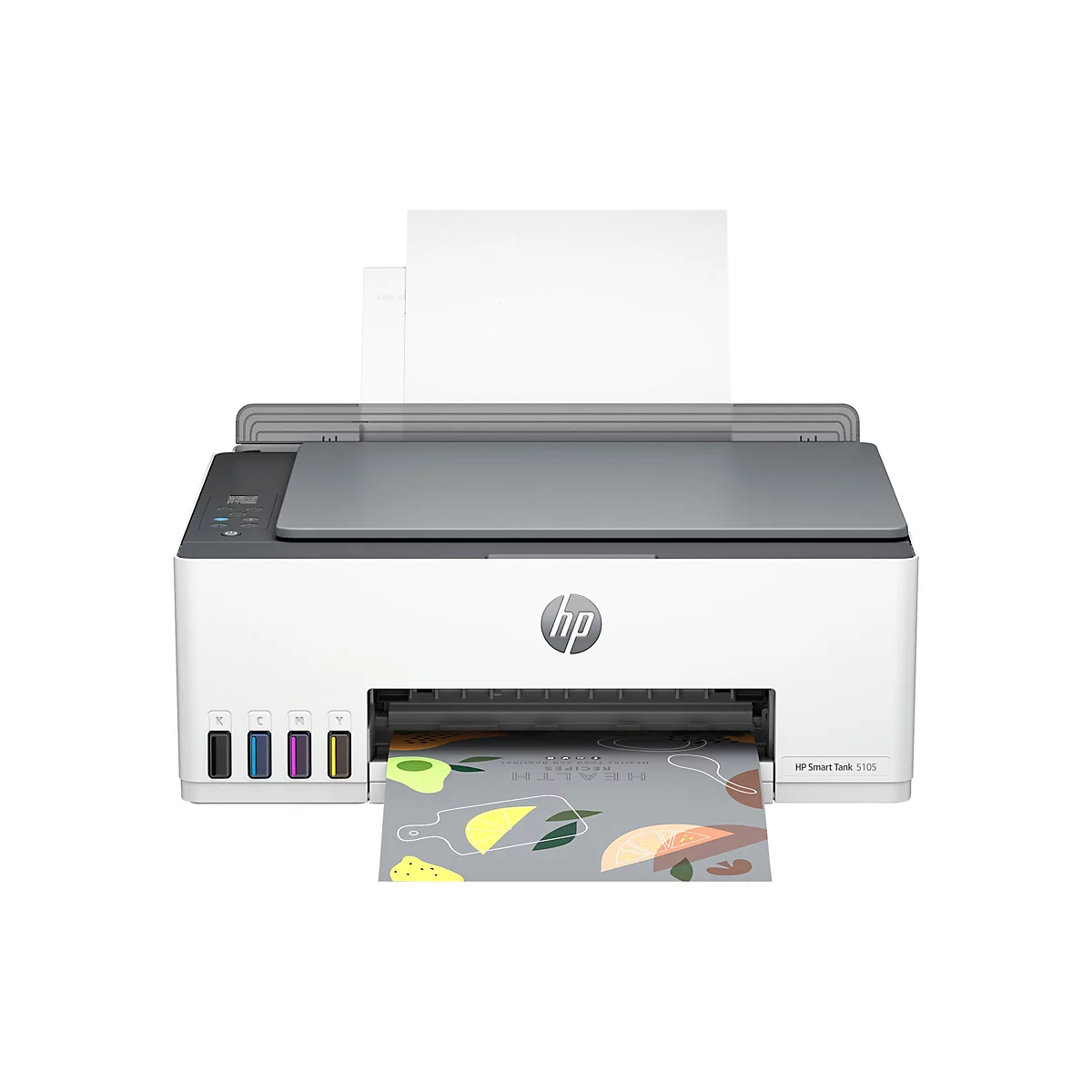 Ein weißer Drucker HP Smart Tank 5105, der ein Blatt mit farbigen Illustrationen bedruckt. Auf dem Drucker ist das HP Logo zu sehen, daneben sind die farbigen Tintenbehälter sichtbar.