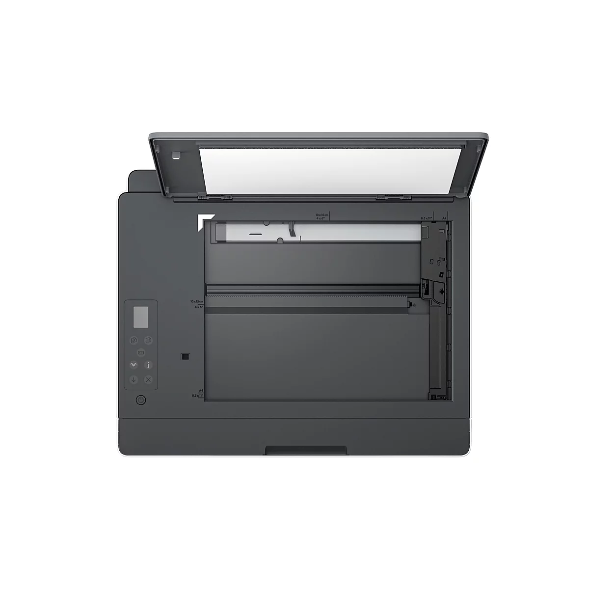 Draufsicht auf einen geöffneten Multifunktionsdrucker mit Bedienfeld auf der linken Seite.
