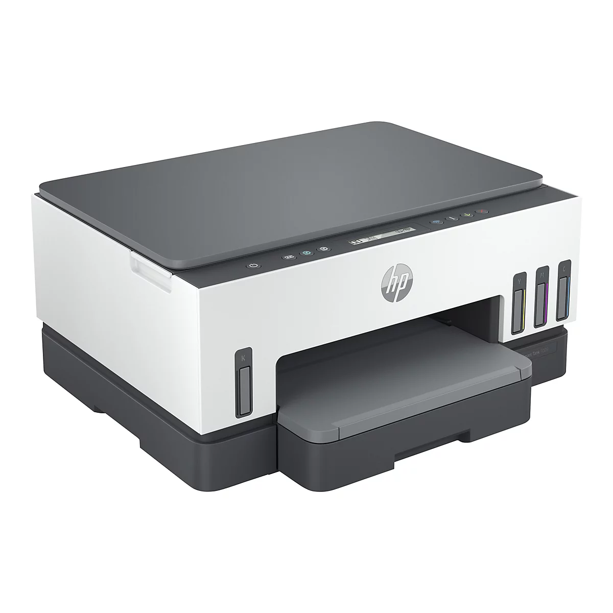 HP Smart Tank 7005 Tintenstrahldrucker, weiß-grau. Schwarzer Deckel, graue Papierausgabe, Farbpatronenanzeige.