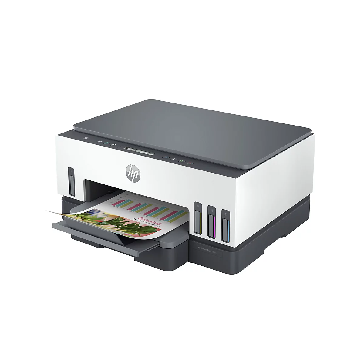 Ein weiß-grauer HP-Tintentankdrucker druckt ein Diagramm. Im Druckerfach liegt Papier mit Diagrammen und floralem Design. Auf dem Drucker ist das HP-Logo zu sehen.