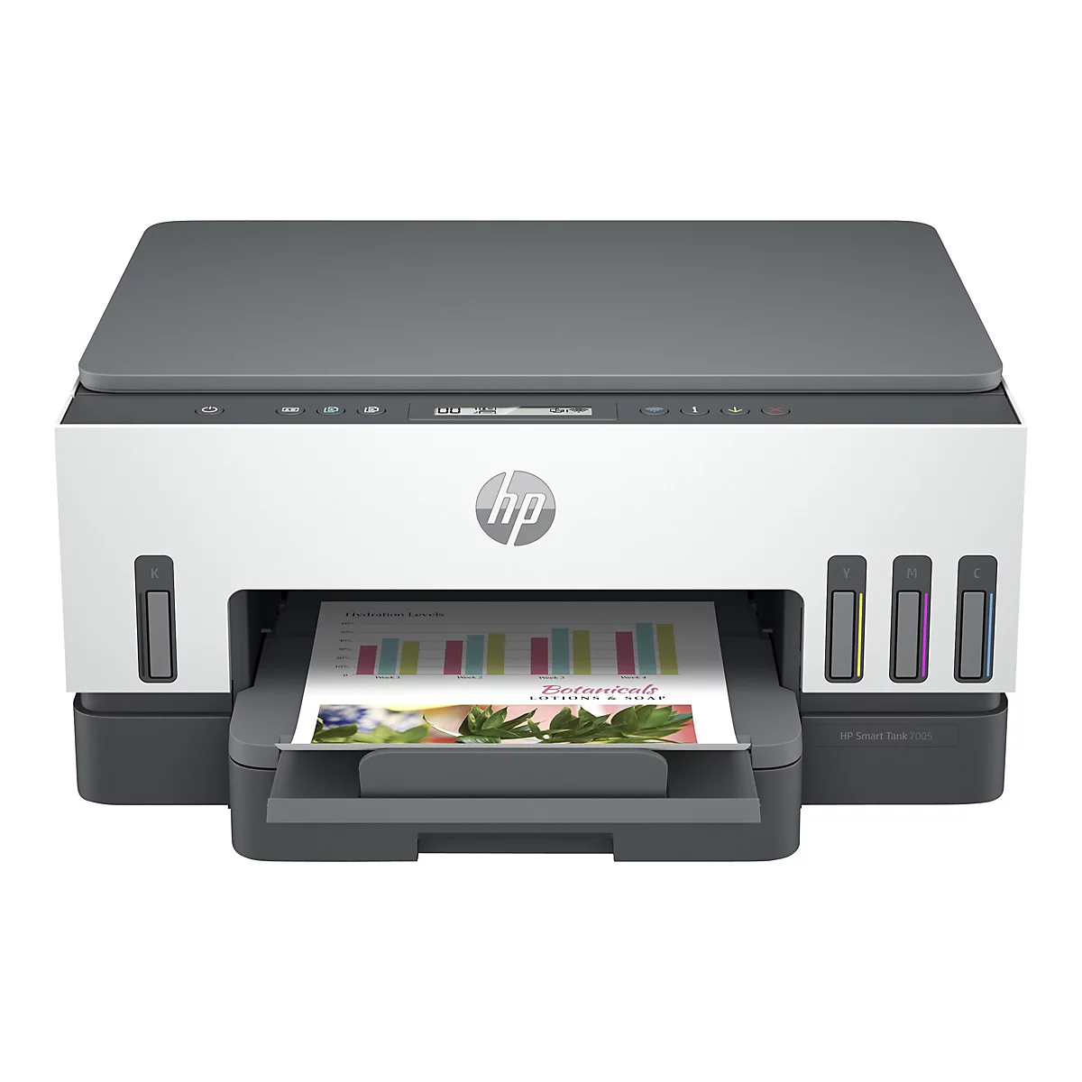 Ein grauer HP Smart Tank 7005 Drucker mit geöffnetem Papiereinzug, der ein Diagramm druckt. Der Drucker hat einen weißen Körper, schwarze Details und Tintenbehälter.