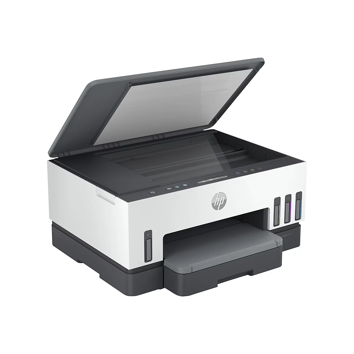 HP Smart Tank Drucker in Weiß und Grau mit geöffnetem Scannerdeckel auf weißem Hintergrund.