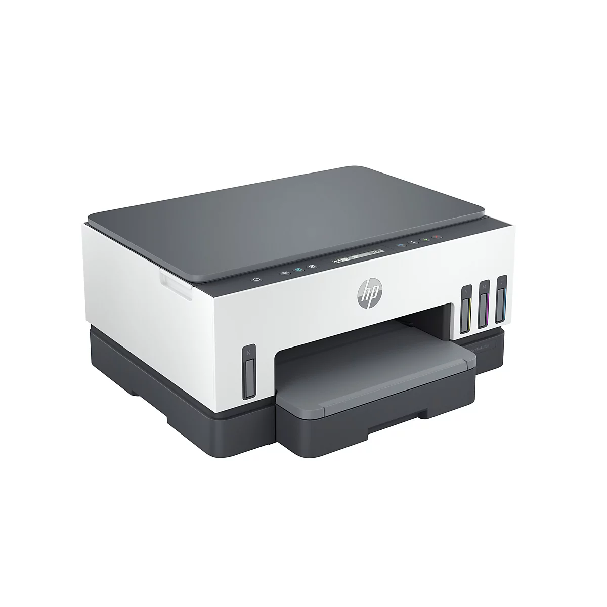 Ein weiß-grauer HP-Tintentankdrucker auf weißem Hintergrund. Druckerausgabefach offen, Farbpatronen sichtbar.