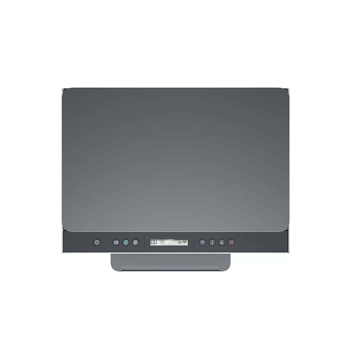 Vue de dessus d'une imprimante grise. Le panneau de commande affiche des symboles, tels que le Wi-Fi, et un petit écran.
