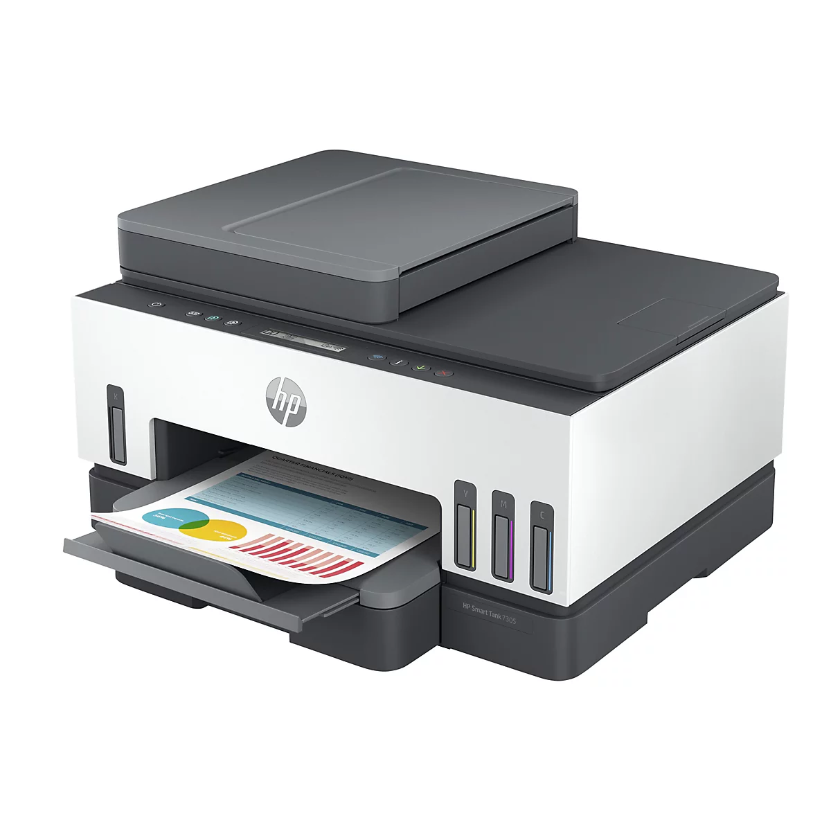 Imprimante HP blanche et grise avec diagramme imprimÃ©. L'imprimante dispose de quatre rÃ©servoirs d'encre colorÃ©s et d'un scanner.