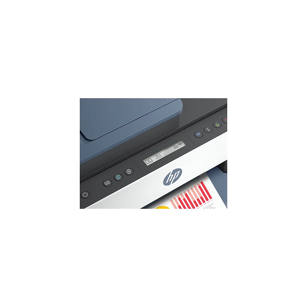 Gros plan d'une imprimante HP montrant les détails du panneau de commande. Boutons, écran et logo HP.