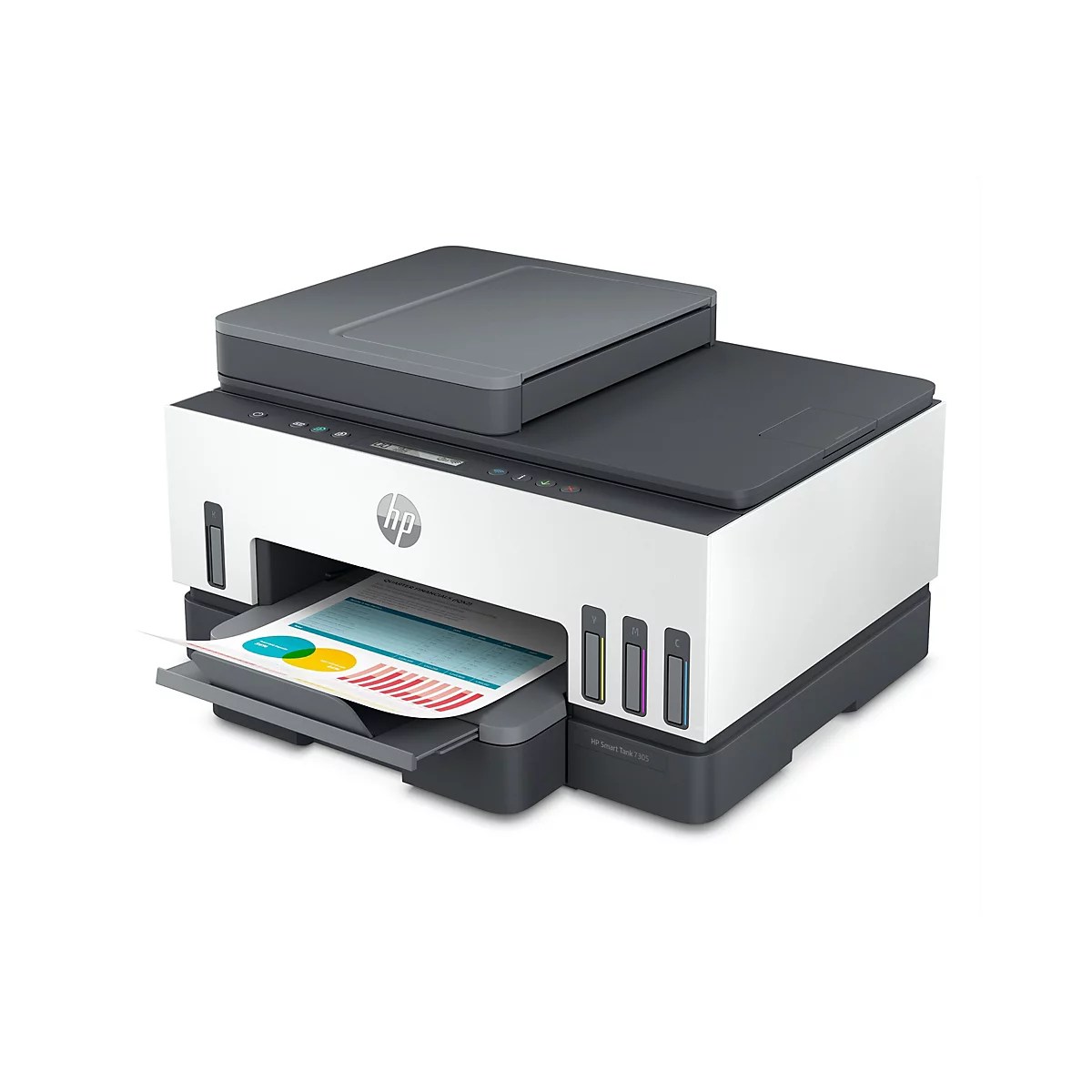 Ein weiß-grauer HP Smart Tank 7305 Drucker druckt ein Diagramm.