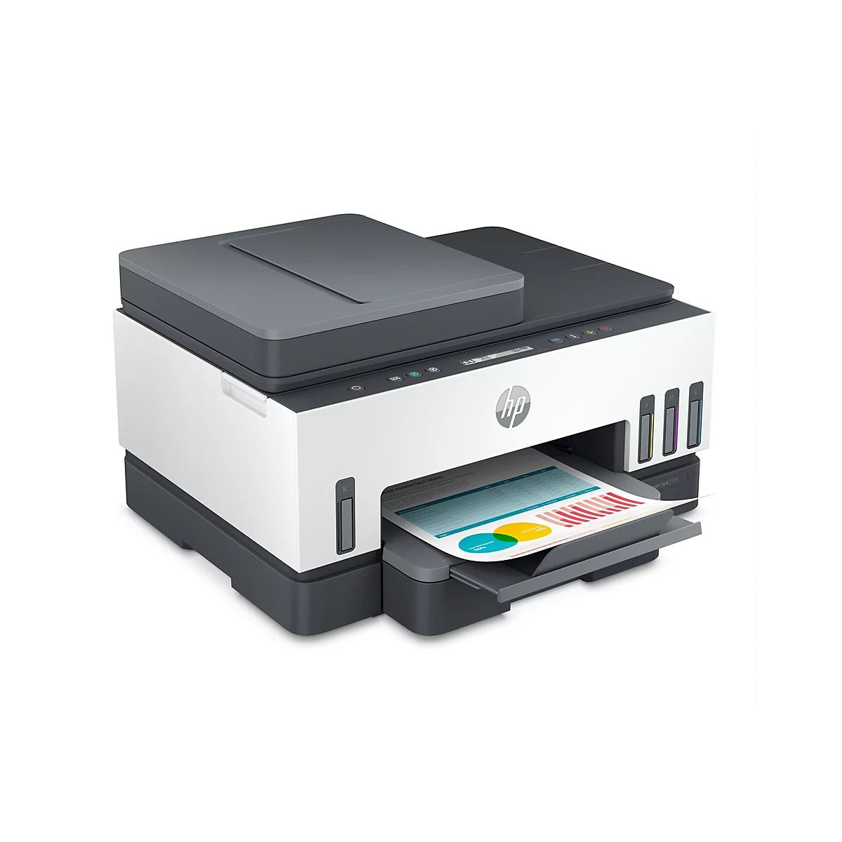 Ein weißer HP-Multifunktionsdrucker mit einem grauen Deckel. Ein Blatt Papier mit Diagrammen wird ausgegeben.