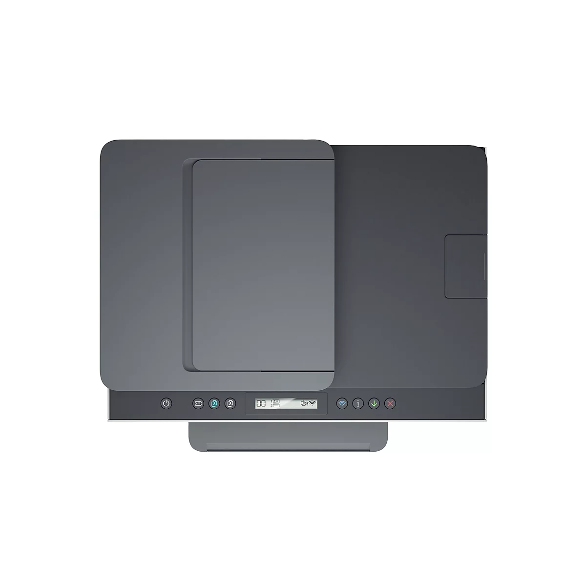 Draufsicht auf einen grauen Drucker mit offenem Deckel. Auf der Bedieneinheit Symbole und ein Display.