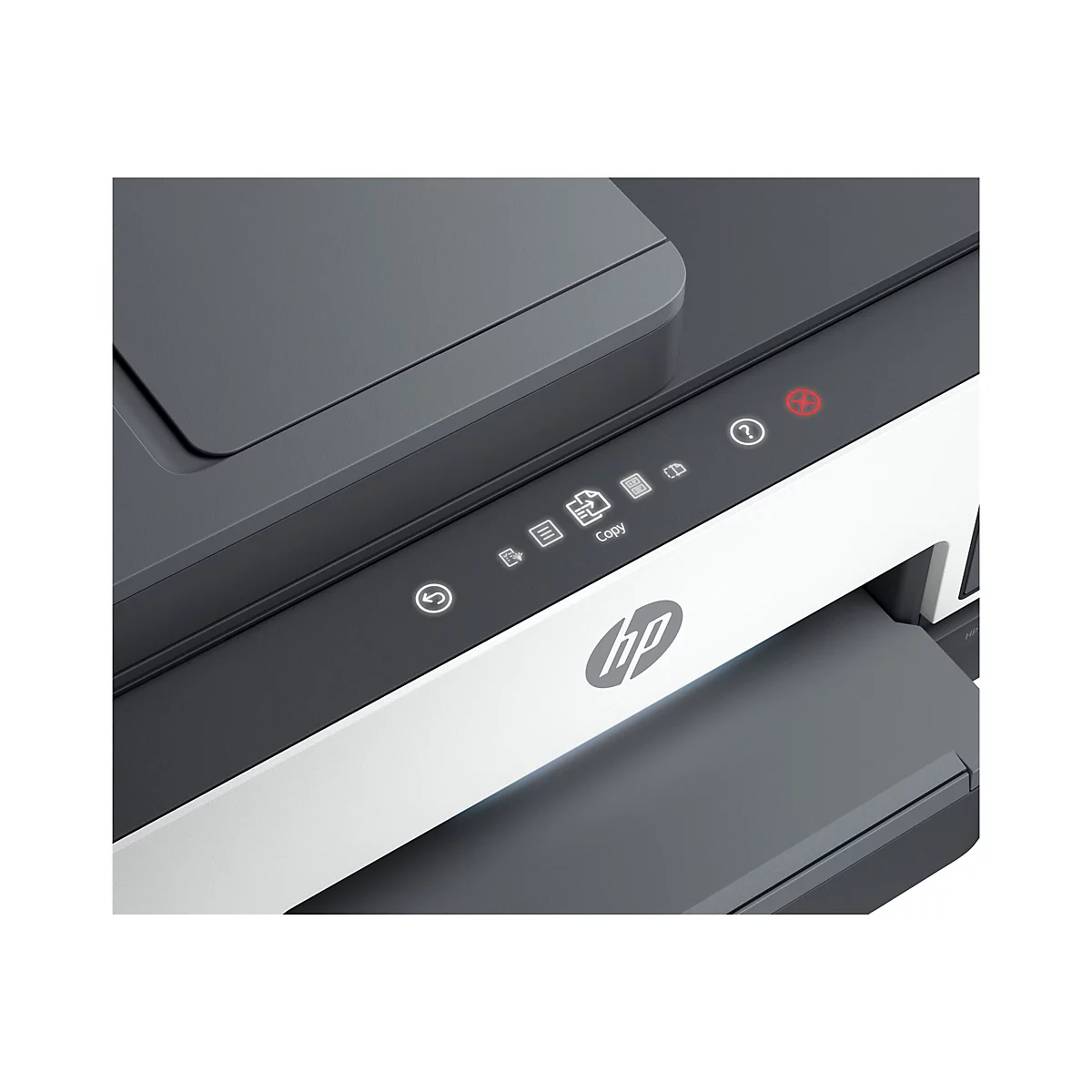 Detailaufnahme eines schwarzen und weißen HP-Druckers. Bedienfeld mit Icons und HP-Logo.
