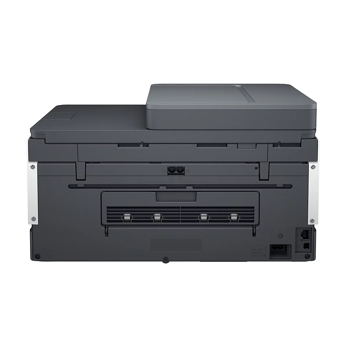 Rückseite eines grauen und weißen Druckers. Der Drucker hat eine rechteckige Form, mit verschiedenen Aussparungen und Anschlüssen.