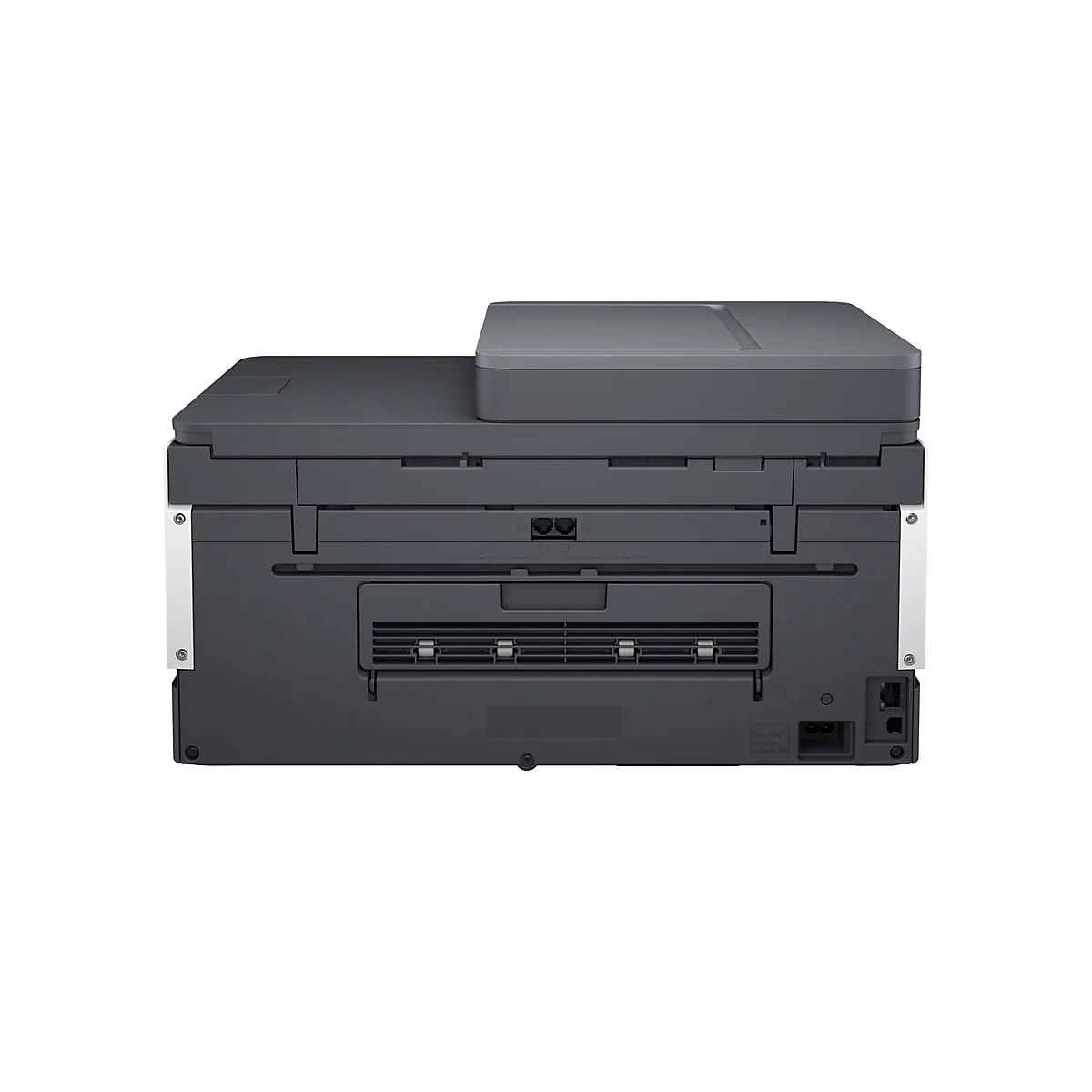 Rückansicht eines grauen Multifunktionsdruckers. Oben ist ein grauer Deckel. Unten sind Anschlüsse und eine Lüftung.