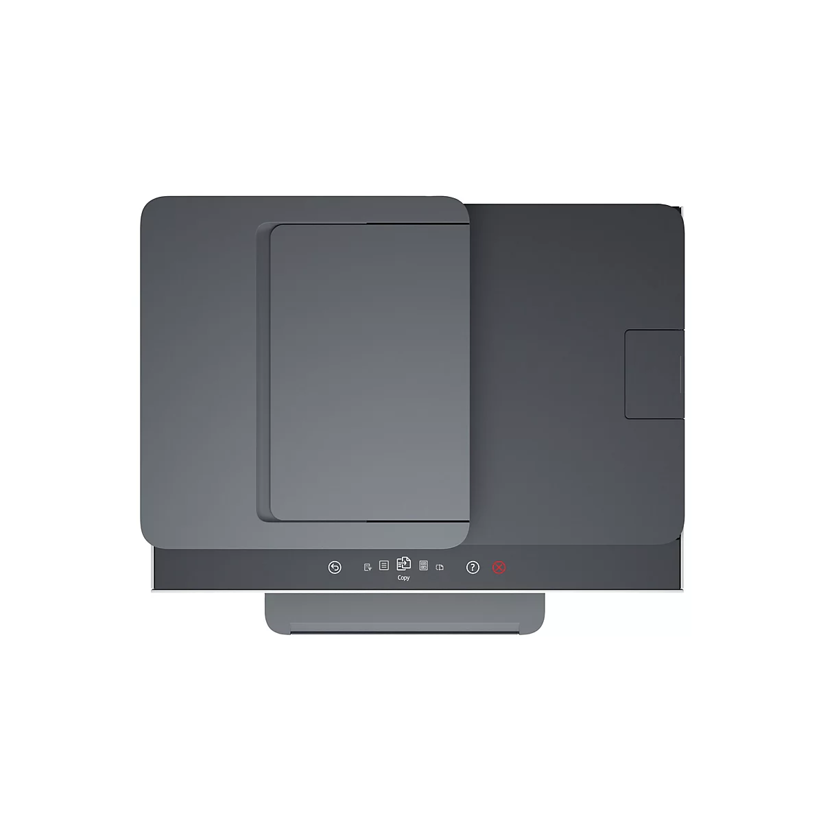 Draufsicht auf einen grauen Drucker. Auf der Oberfläche befinden sich Bedienelemente und die Beschriftung "Copy".