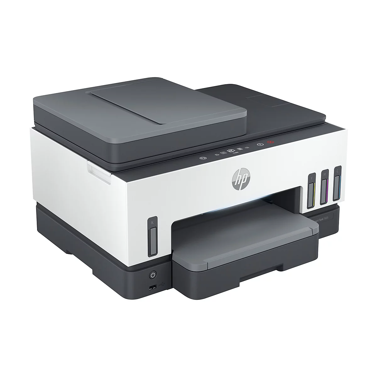 Ein grauer und weißer HP Smart Tank 7605 Drucker auf weißem Hintergrund. Der Drucker hat einen flachen Deckel und einen integrierten Papiereinzug.