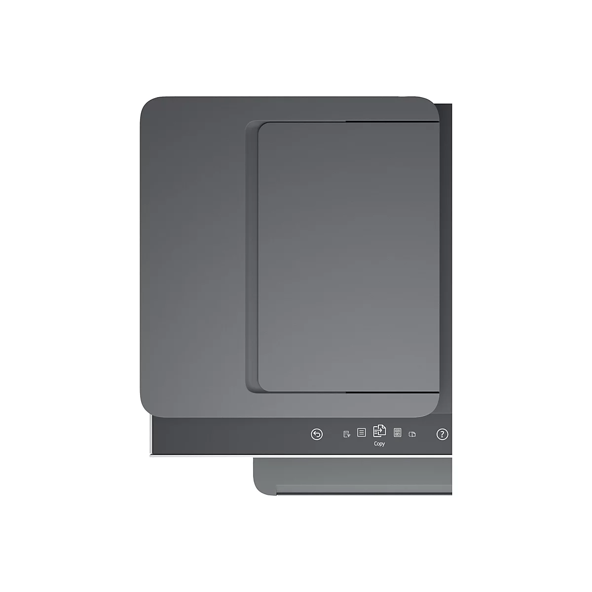 Vue de dessus d'une imprimante grise. Sur la surface, il y a des commandes avec des symboles tels que copier et un point d'interrogation.