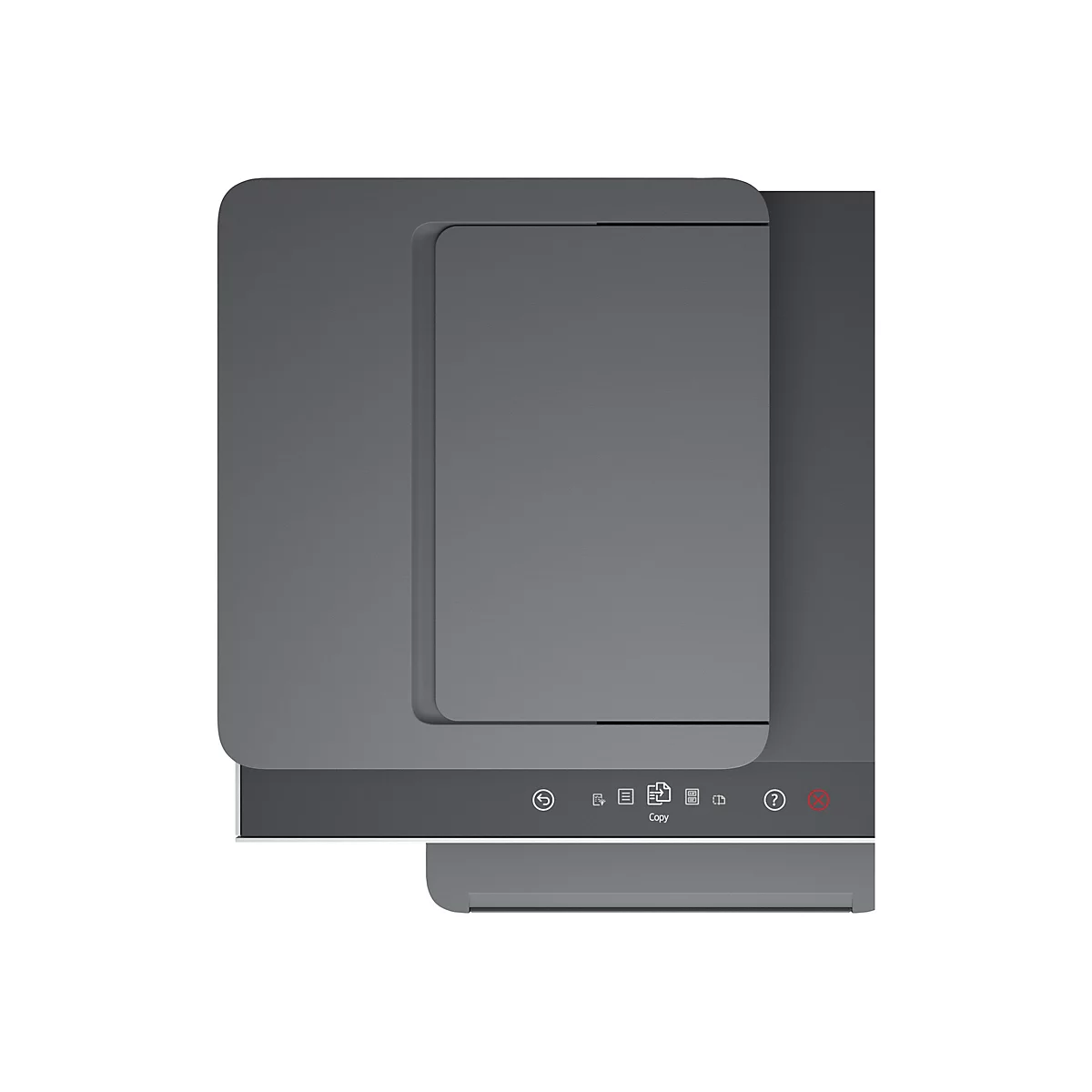 Vue de dessus d'une imprimante grise. Il y a des éléments de contrôle sur la surface. L'imprimante est montrée sur fond blanc.