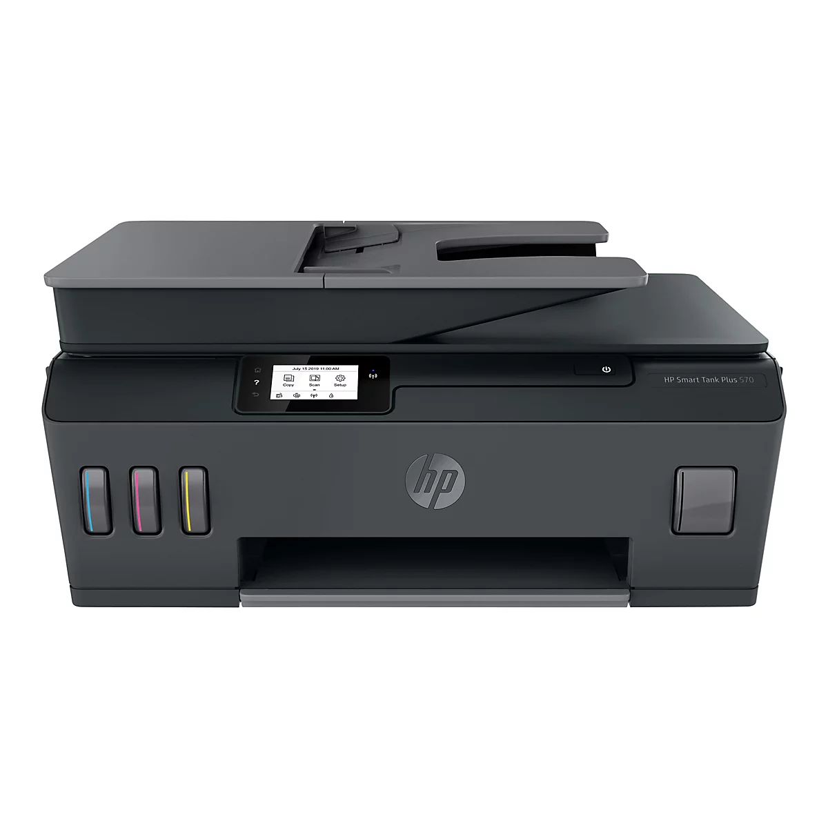 Schwarzer HP Smart Tank Plus 570 Drucker, Vorderansicht. Auf dem Bedienfeld werden Datum und Uhrzeit angezeigt, sowie Symbole für Kopieren, Scannen und Einrichtung.