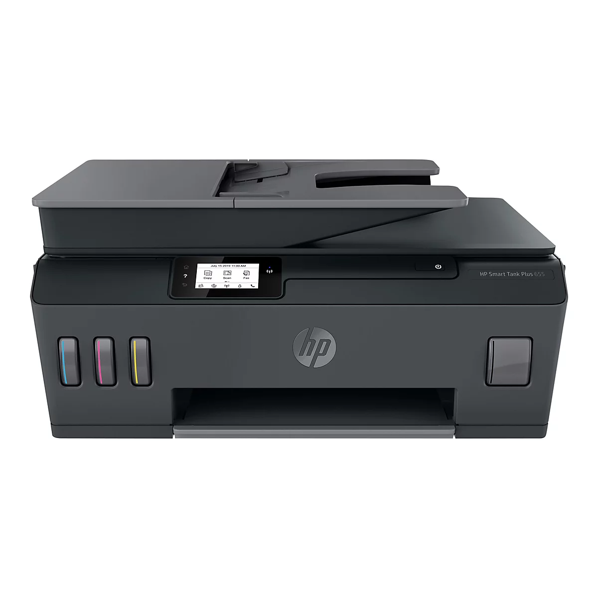 Ein schwarzer HP Smart Tank Plus 655 Drucker vor weißem Hintergrund. Auf der Vorderseite sind drei Farbtanks in Blau, Magenta und Gelb sichtbar. Auf dem Display wird der 15. Juli 2019 um 11:00 Uhr angezeigt.
