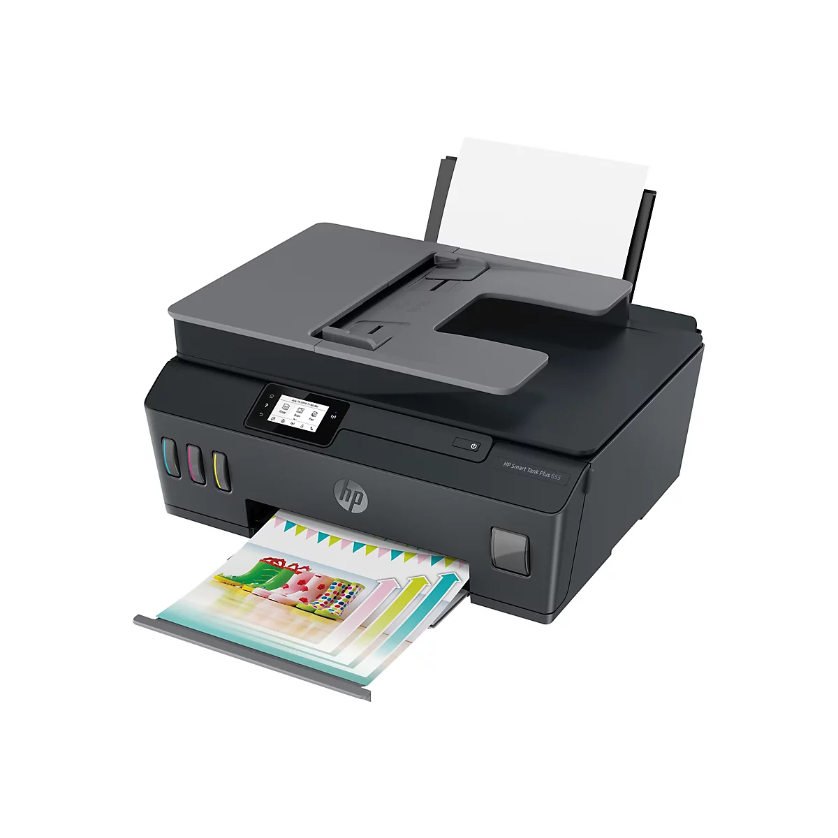 Schwarzer HP-Drucker mit ausgedruckten bunten Seiten. Auf dem Display sind Optionen und das HP-Logo zu sehen.