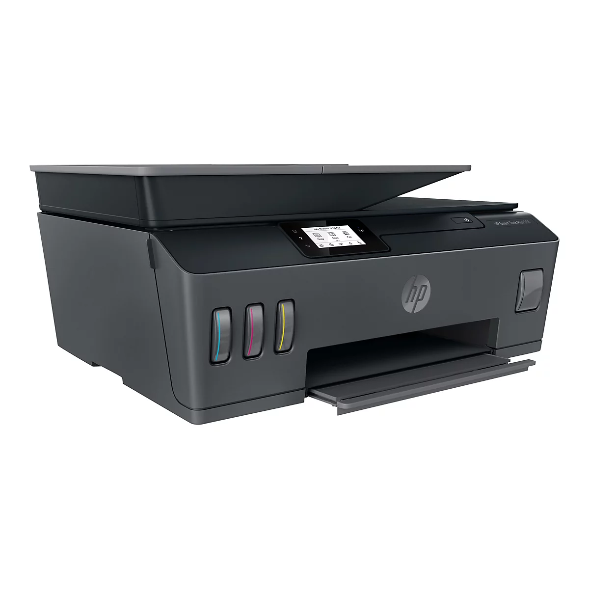 Ein schwarzer HP Smart Tank Plus 655 Drucker mit Bedienfeld und Tintenanzeige. Ausziehbares Papierfach unten.