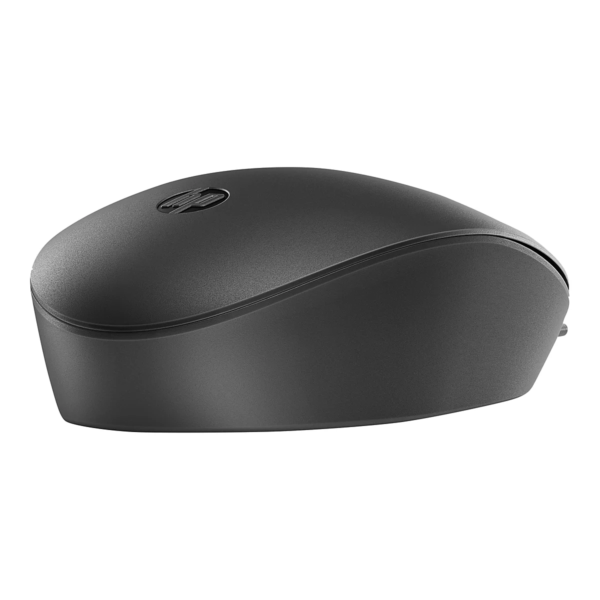 Souris d'ordinateur noire, logo HP sur le dessus. La souris a une forme ergonomique.