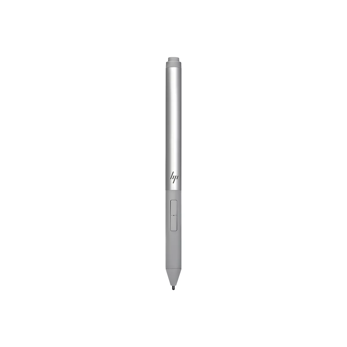 Un stylet HP argenté avec une pointe noire. Le logo HP est sur le stylo.