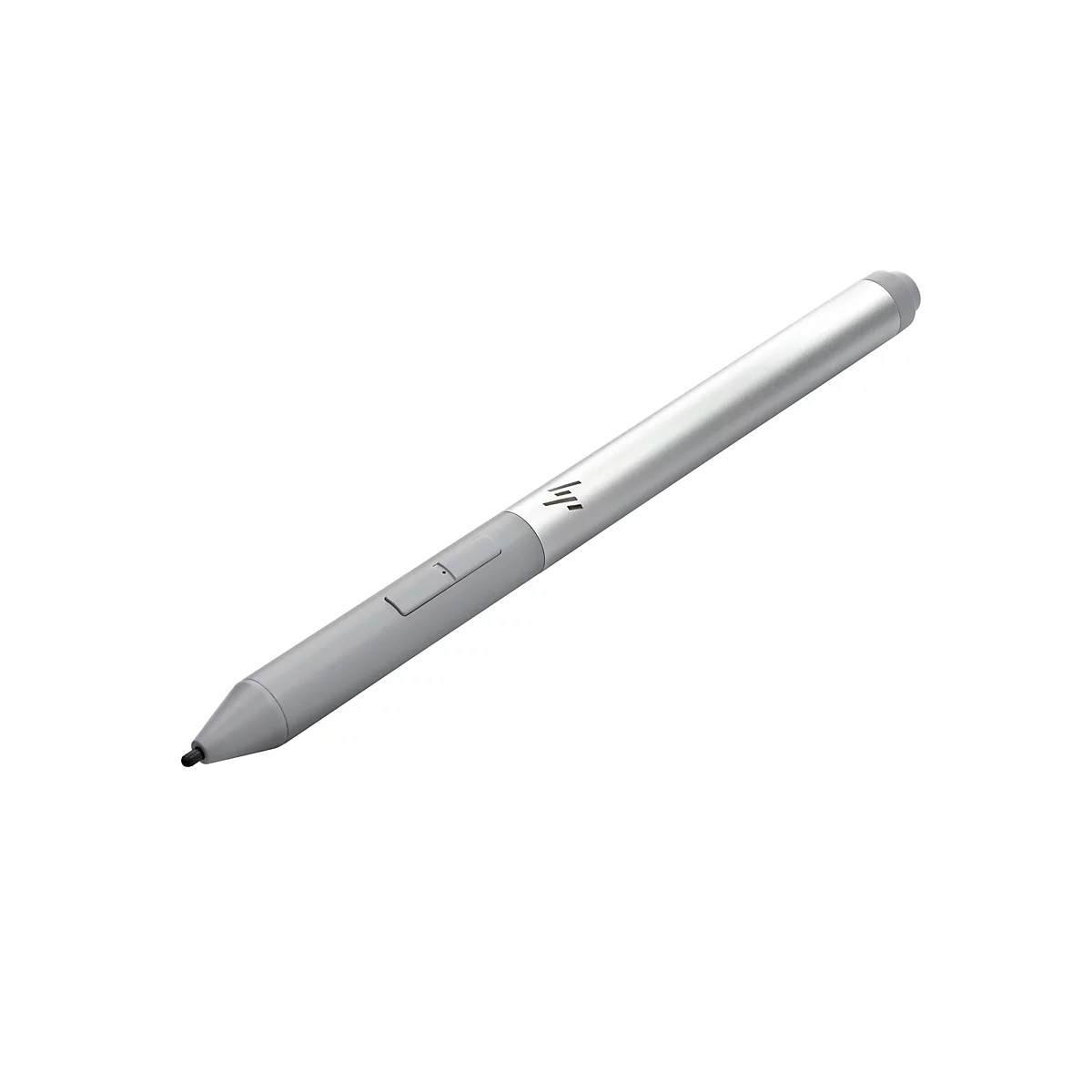 Un stylet gris avec le logo HP. Il est posé en diagonale sur fond blanc.